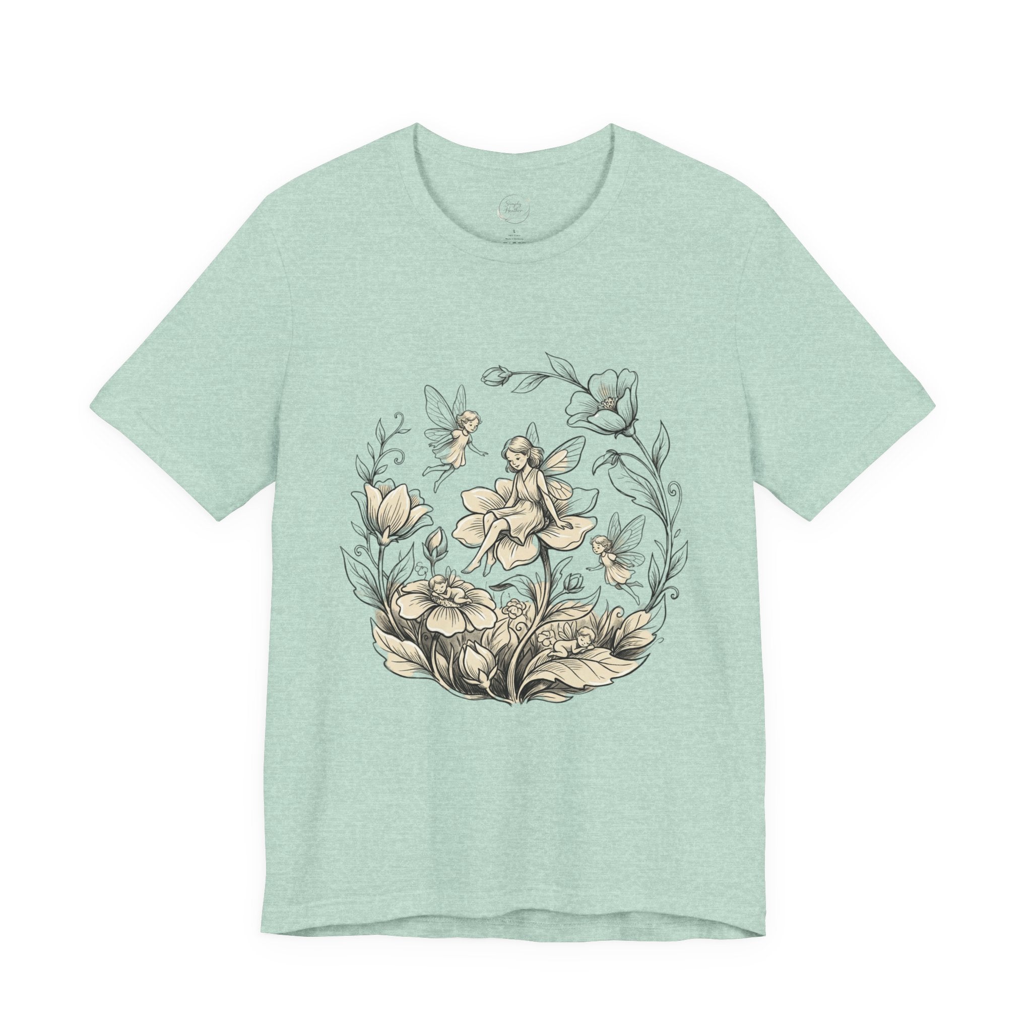 Vintage floral fairy garden T-shirt with botanical flower and fairy graphic from Printify, featuring colorful nature-inspired design.