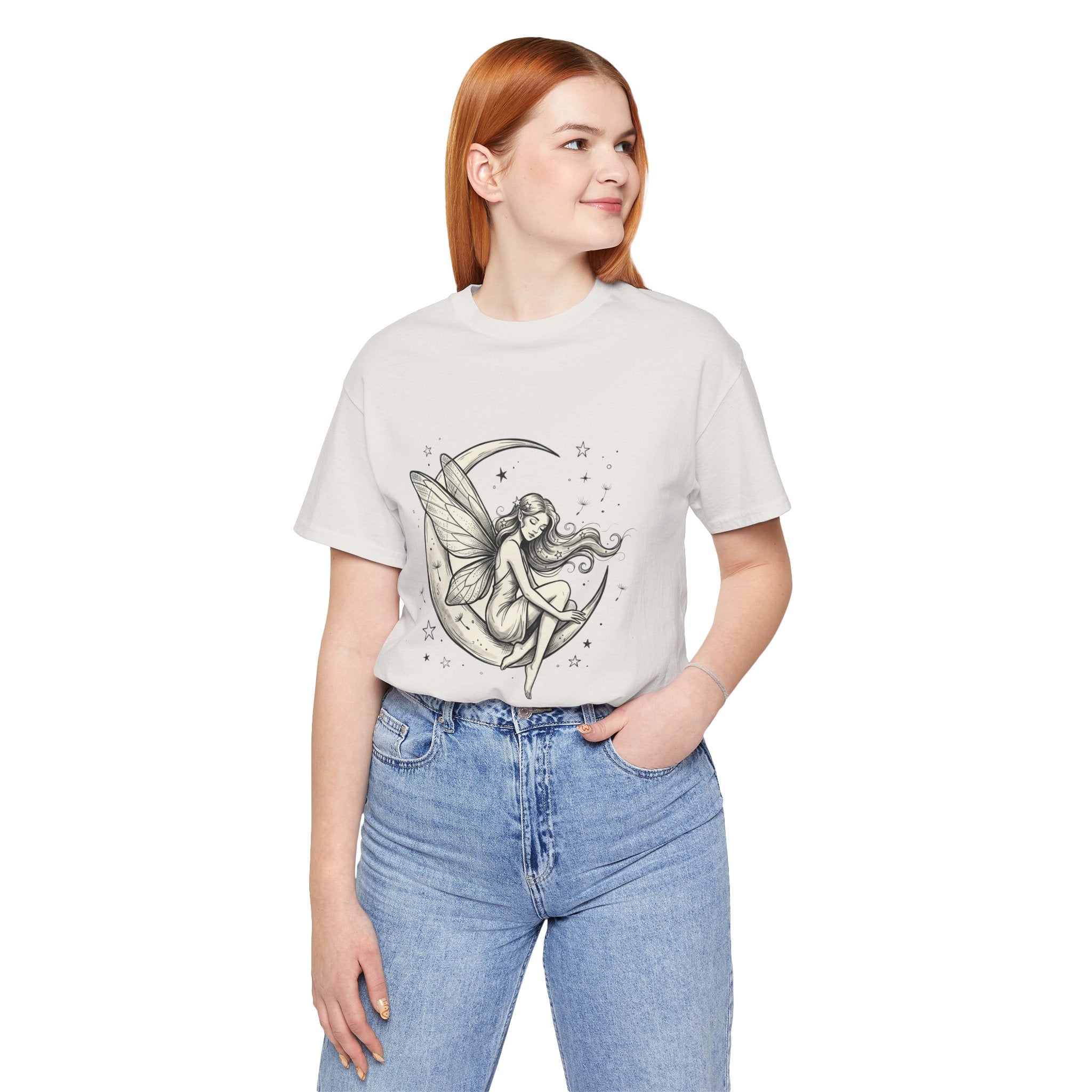 Moon Fairy T-Shirt with whimsical celestial graphic, featuring a dreamy fairy and moon design on a casual printify tee.
