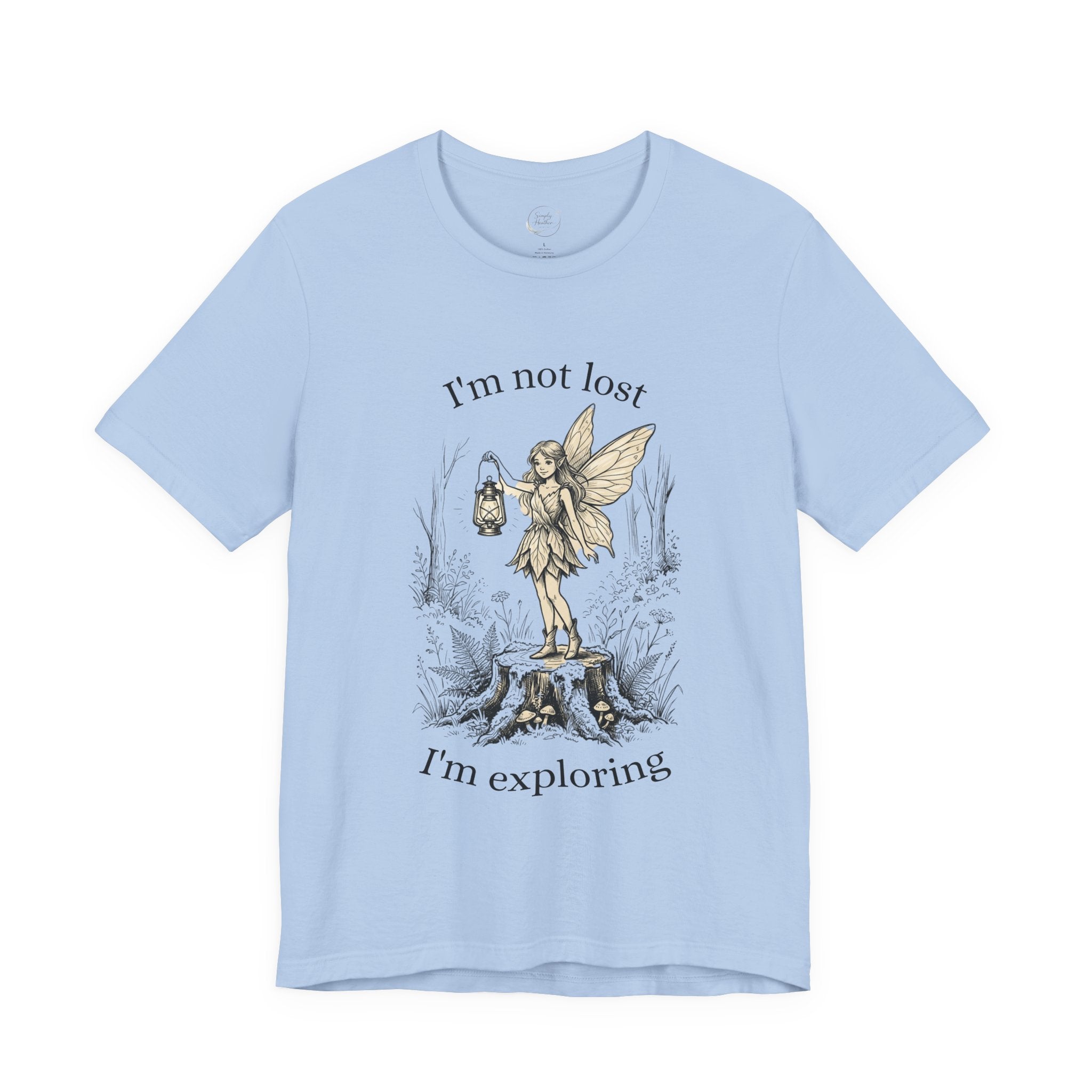 Fairy Exploration Tee with "I’m Not Lost, I’m Exploring" graphic T-shirt by Printify, featuring a whimsical fairy design.