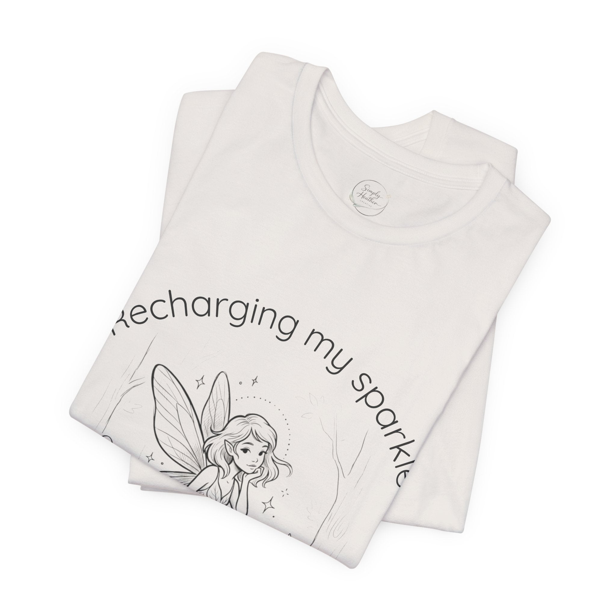 Vintage fairy graphic T-shirt featuring the phrase "Recharging My Sparkle" on a Printify fairy T-shirt.