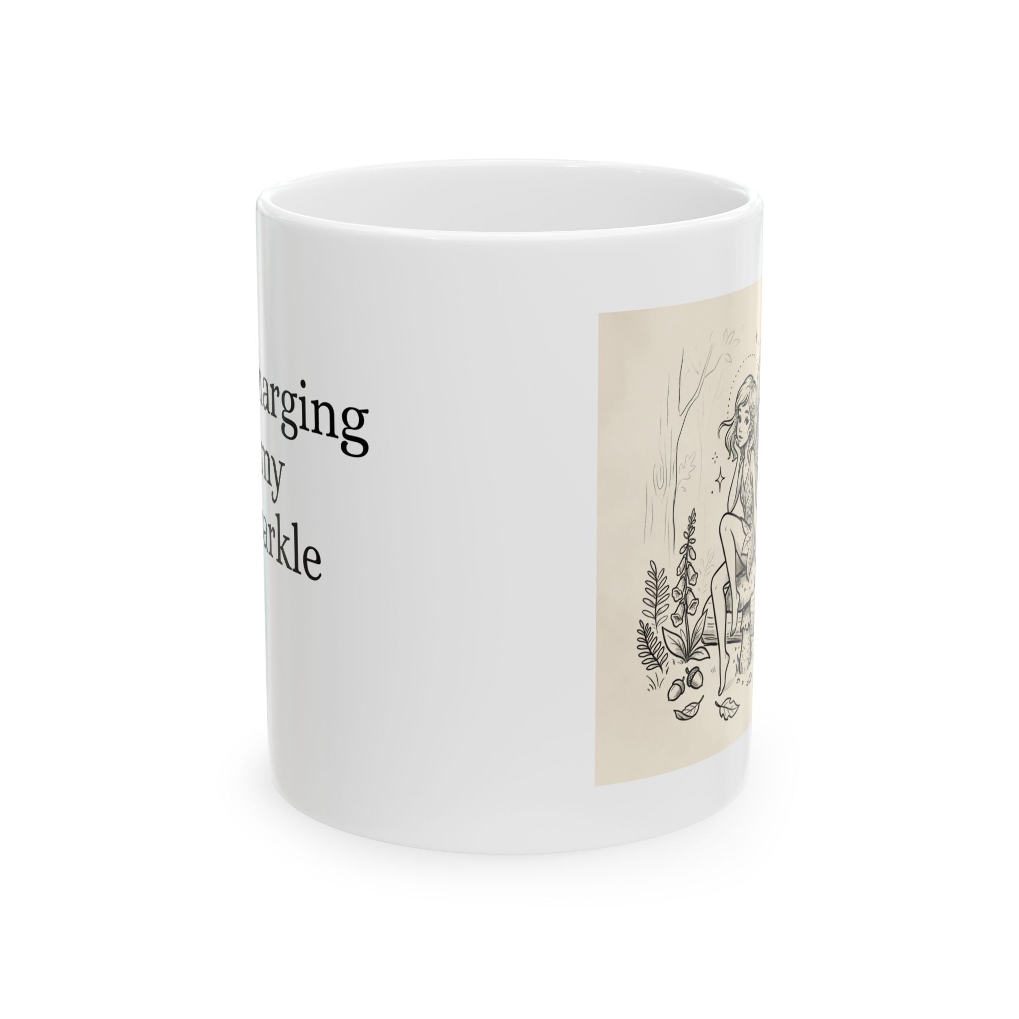 Vintage fairy sketch ceramic coffee mug by Printify, 11oz and 15oz sizes, featuring detailed fairy artwork on a white mug.