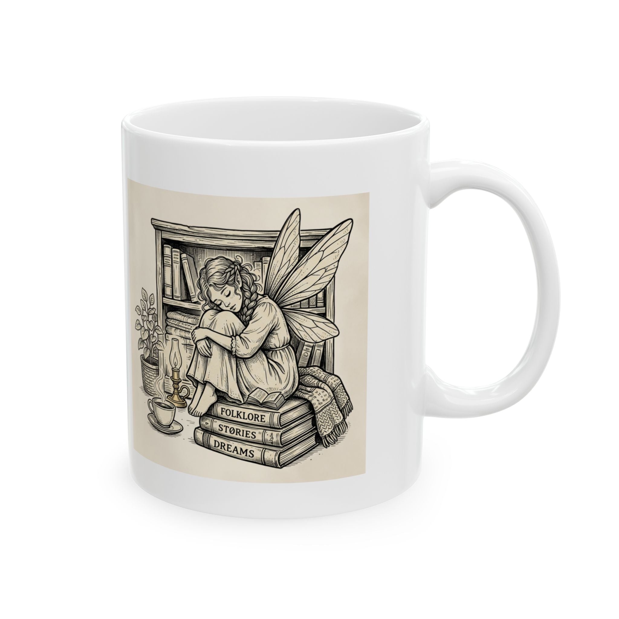 Ceramic mug featuring "Stories are my safe place" bookish fairy design, available in 11oz and 15oz sizes.
