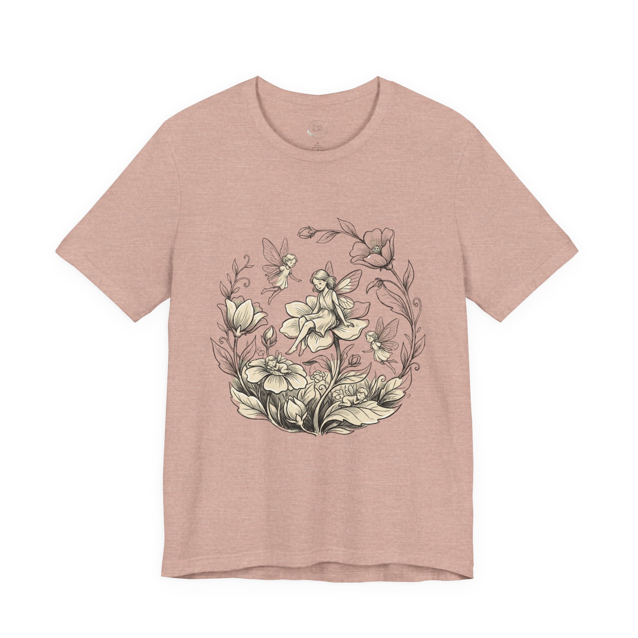 Vintage floral fairy garden T-shirt with botanical flower and fairy graphic, by Printify, featuring colorful nature-inspired design.