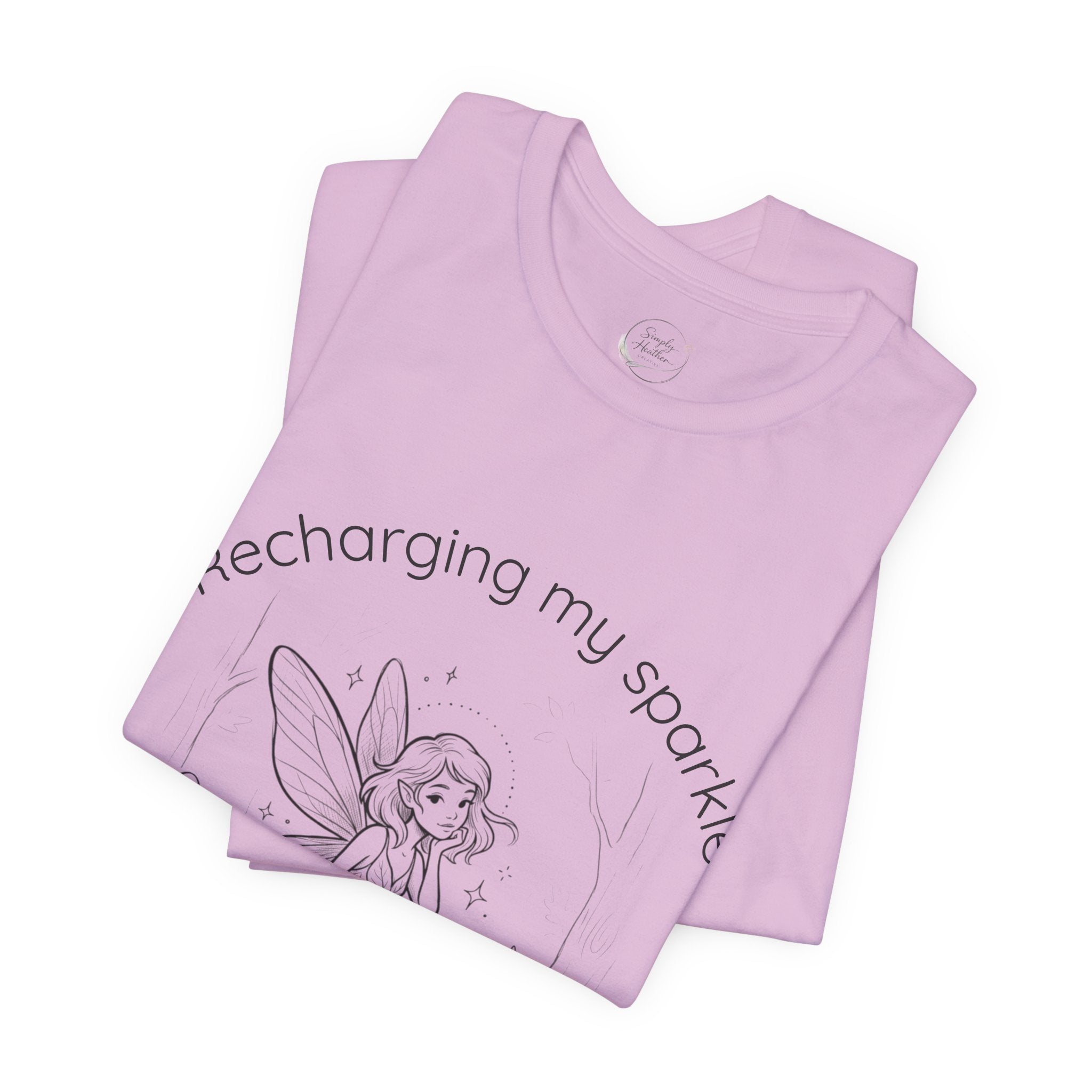 Vintage fairy graphic T-shirt with "Recharging My Sparkle" slogan, featuring a whimsical fairy design on a Printify T-shirt.
