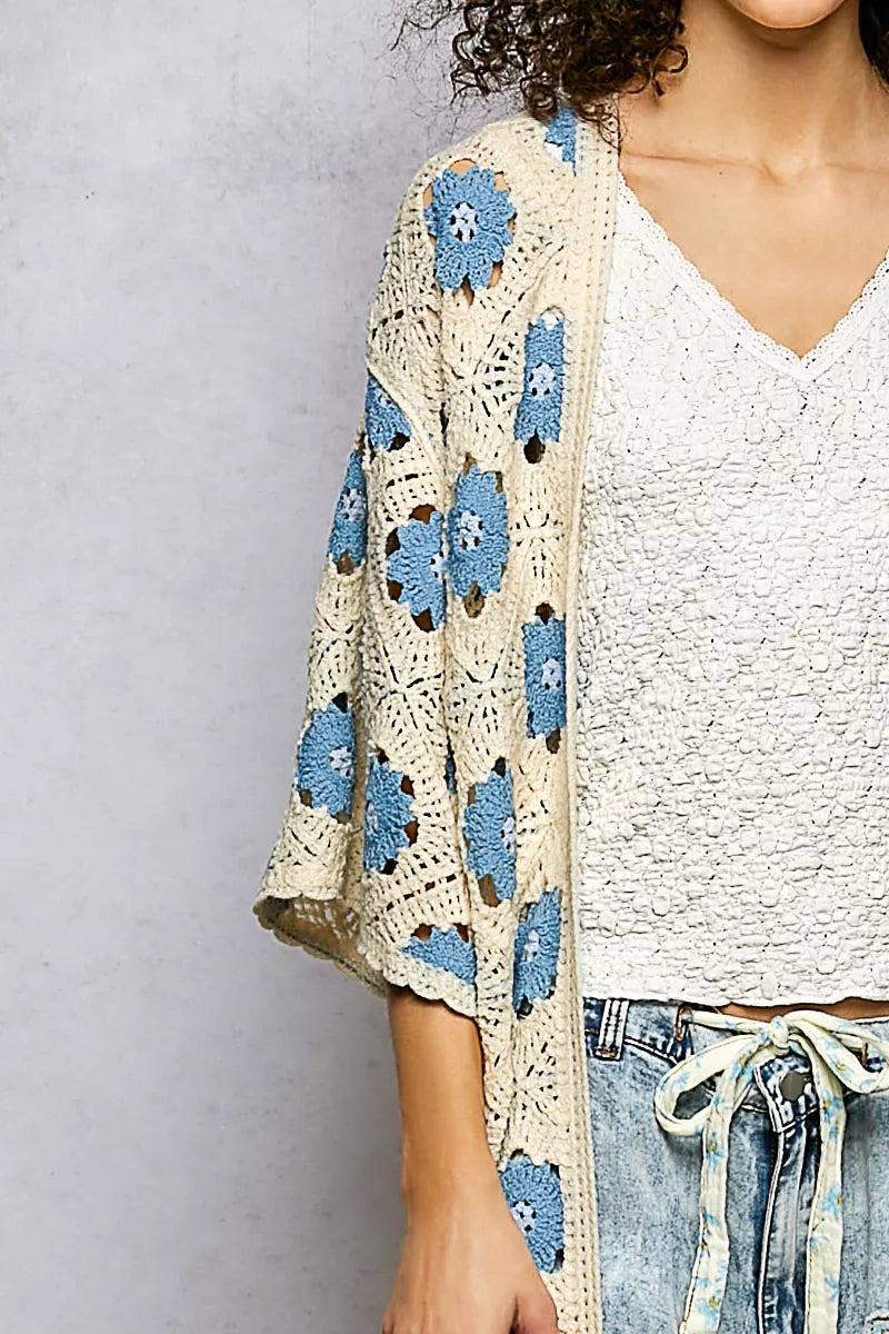 Rosehaven Crochet Garden Cardigan by Trendsi, featuring detailed floral crochet pattern and soft knit fabric.