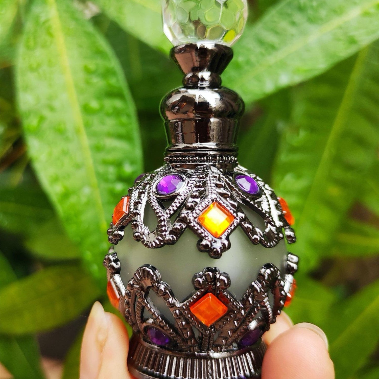 Black ornate 15ml glass essential oil bottle with jeweled detailing, decorative perfume and potion vial by 24 Hour Crafts
