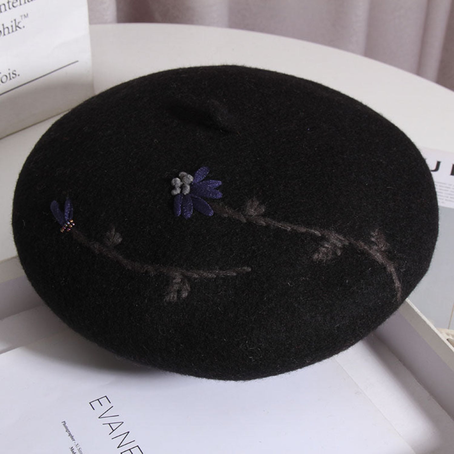 Black embroidered mushroom meadow daisy beret by cjdropshipping featuring a soft mushroom silhouette and white daisy trim brim.