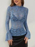 Blue lace mock neck blouse with sheer sleeves, stylish trendi top shown from the front view.