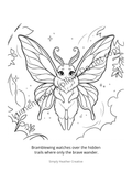 Digital coloring page featuring Bramblewing, a whimsical creature from the Lumenwood Hollow series by Simply Heather Creative.