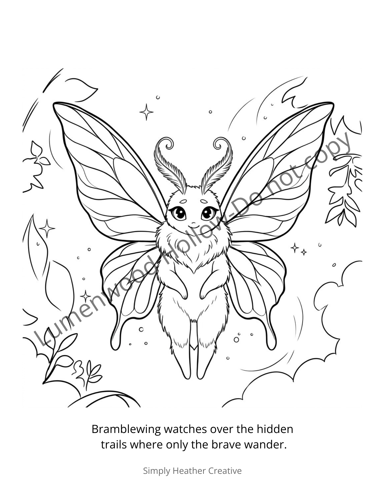 Digital coloring page featuring Bramblewing, a whimsical creature from the Lumenwood Hollow series by Simply Heather Creative.