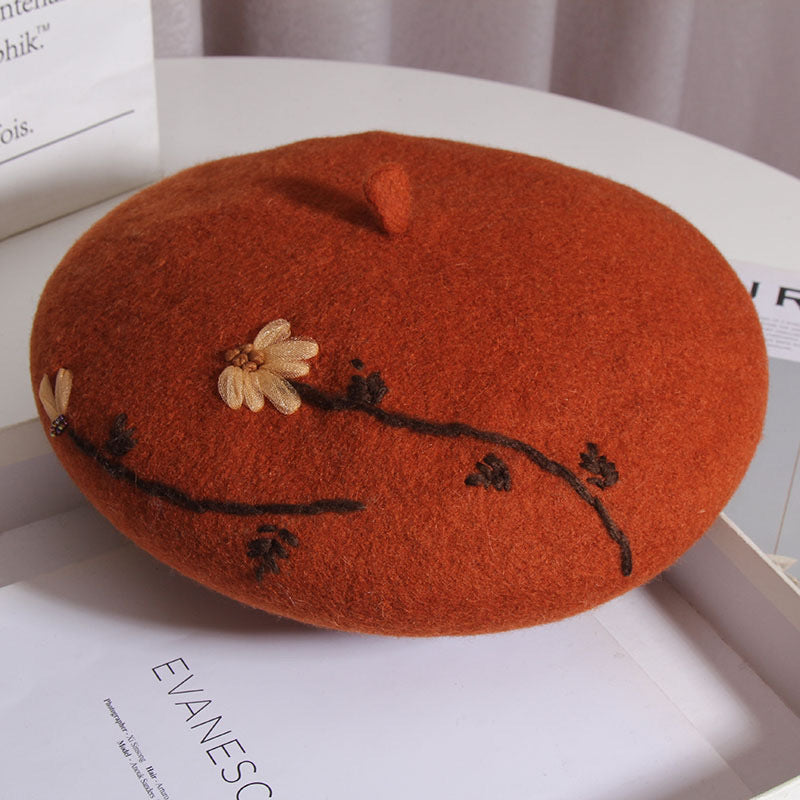 Brick red mushroom meadow daisy beret by cjdropshipping, embroidered cottagecore hat with daisy details around the rim.