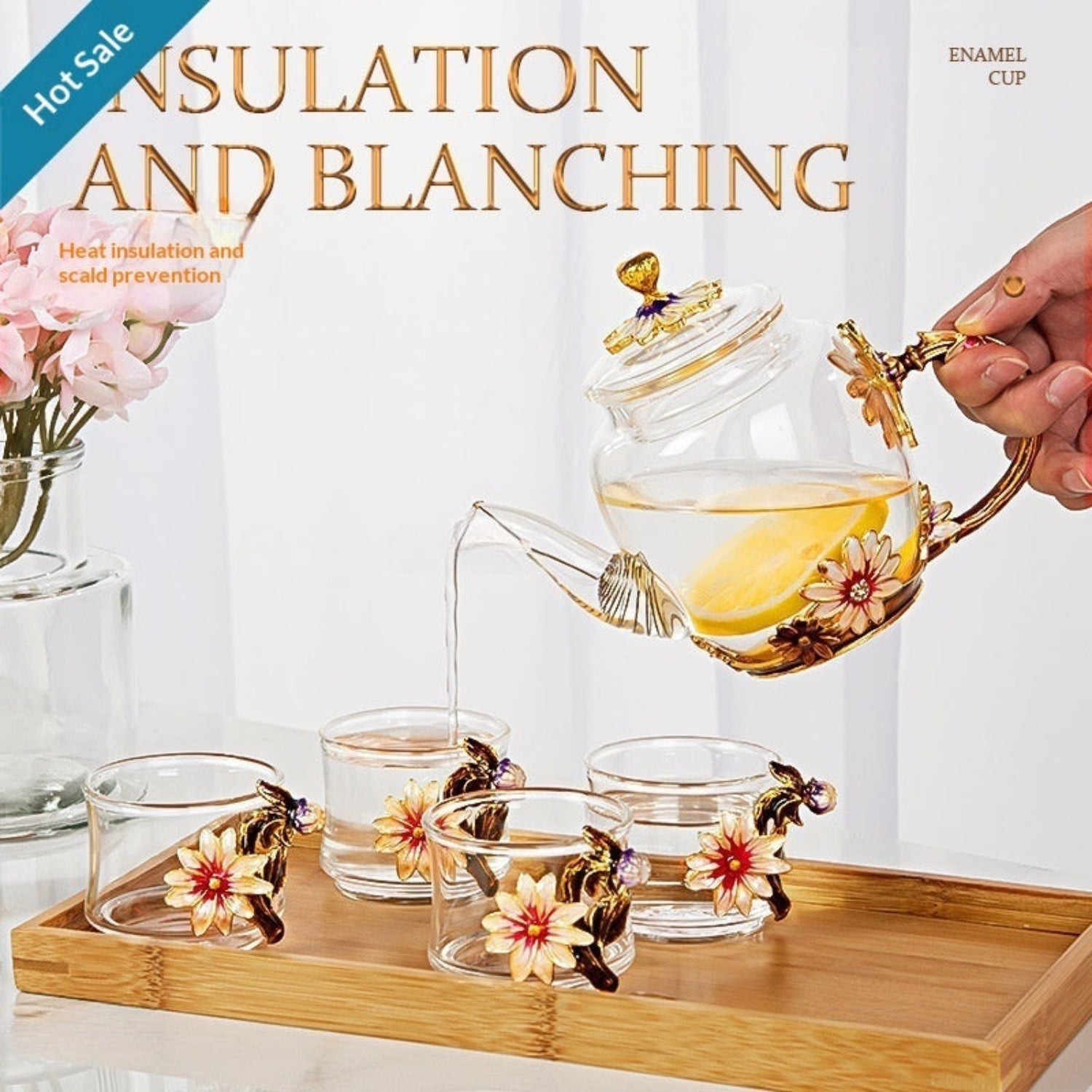 Cottage Garden enamel glass tea set with floral daisy design, includes teapot and six matching teacups by 24 Hour Crafts