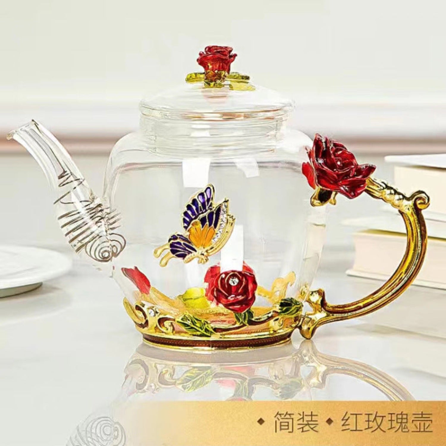 Cottage Garden enamel glass teapot and matching teacup with floral rose design from 24 Hour Crafts' tea set collection
