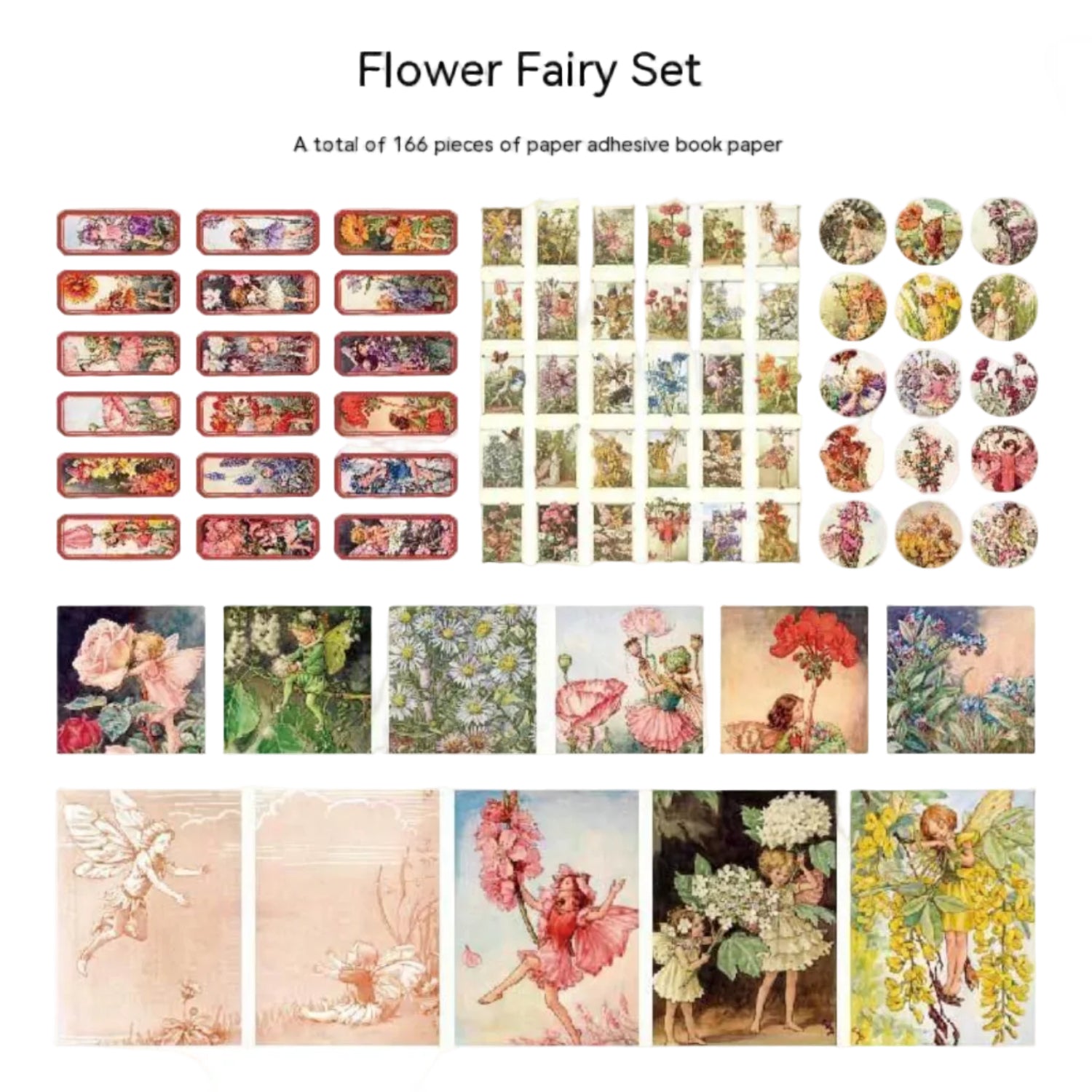 Whimsical fairy and floral stickers sheet from Butterfly, Floral & Fairy Sticker Books by 24 Hour Crafts, featuring enchanted fairy designs.