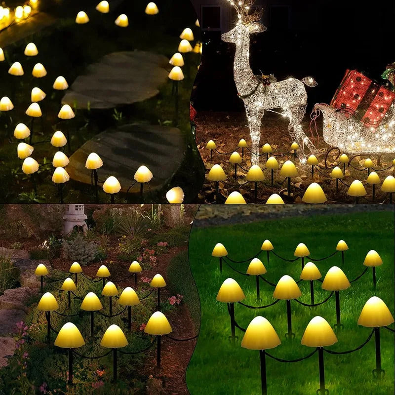 Lumenwood Glowcap solar mushroom LED lights glowing in a garden, perfect for holiday lighting and home garden decor.