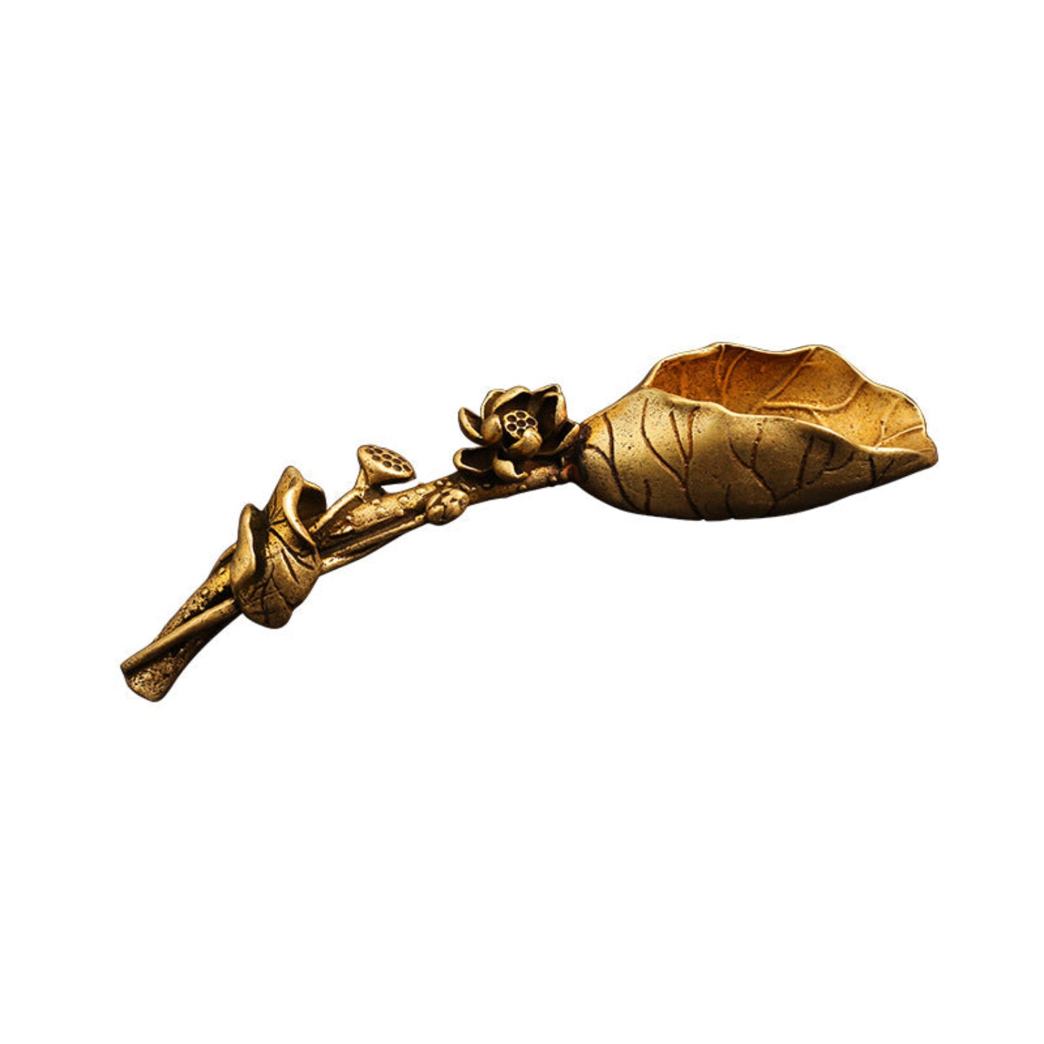 Golden brass lotus leaf tea shovel, botanical artisan scoop for tea, with intricate leaf design, ideal for tea serving and storage.