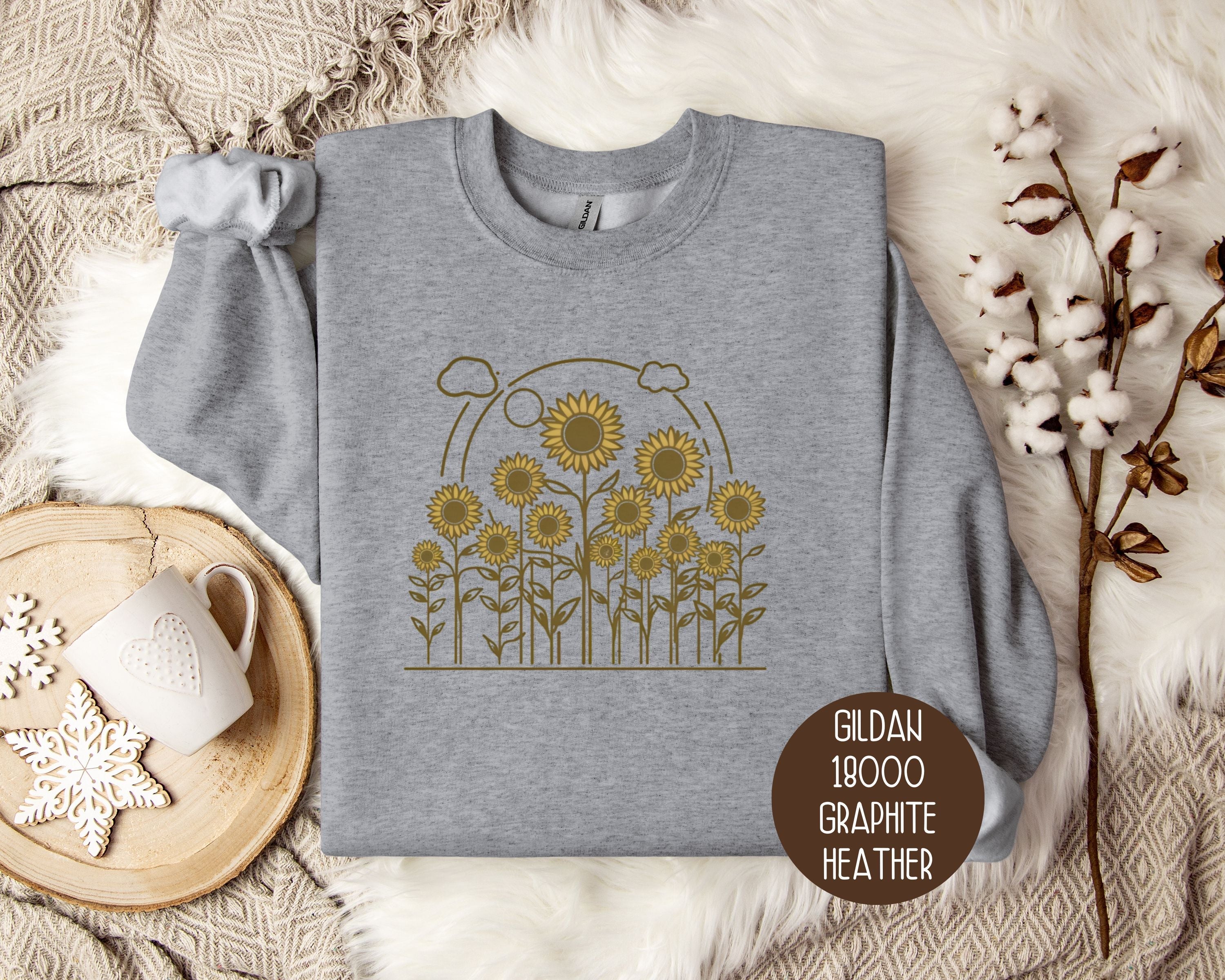 Vintage sunflower cottagecore sweatshirt in graphite heather with floral design, by CreativeSpecialTs.