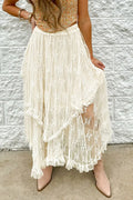 Ivory lace tiered midi skirt with romantic layered lace and airy movement, perfect for feminine summer and cottagecore outfits.