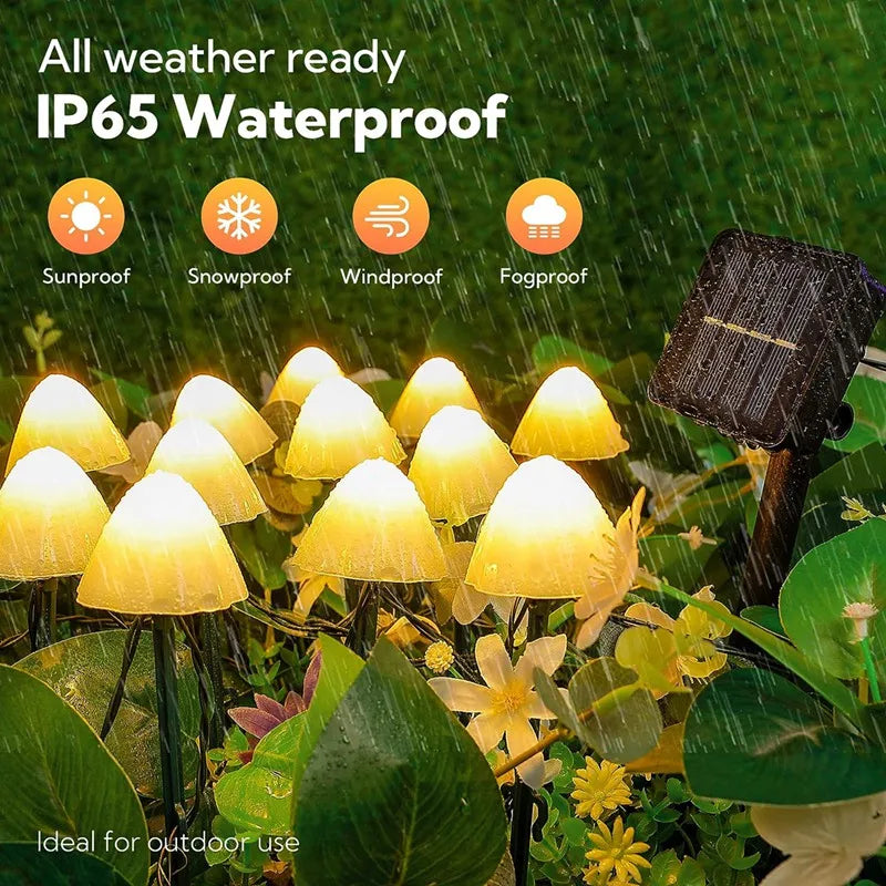 Lumenwood Glowcap solar mushroom lights glowing outdoors, decorative LED garden lighting for home and holiday use.