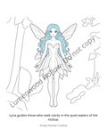 Digital coloring page of Lyria from Lumenwood Hollow by Simply Heather Creative, featuring detailed line art for coloring.
