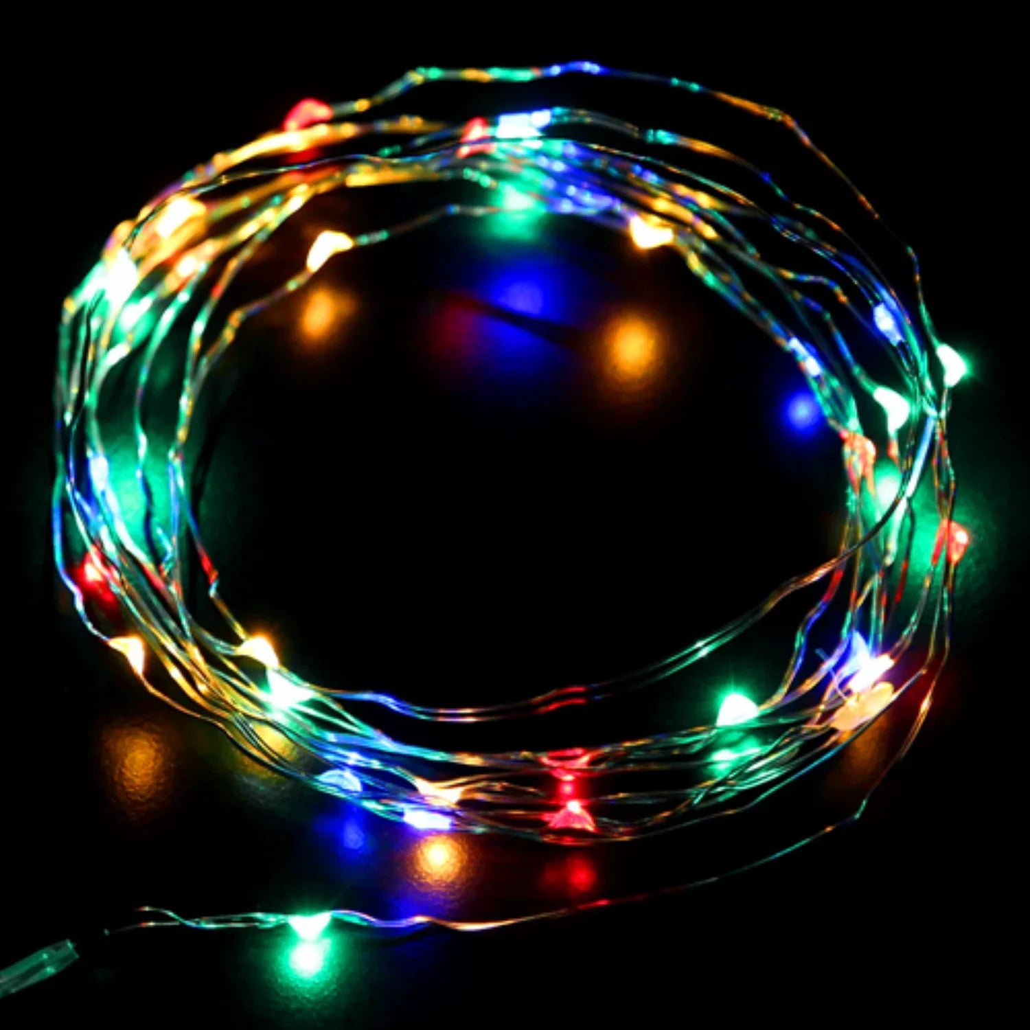 Multicolored silver copper LED fairy lights with 20 bulbs, battery operated, perfect for decorative lighting at events or home decor.