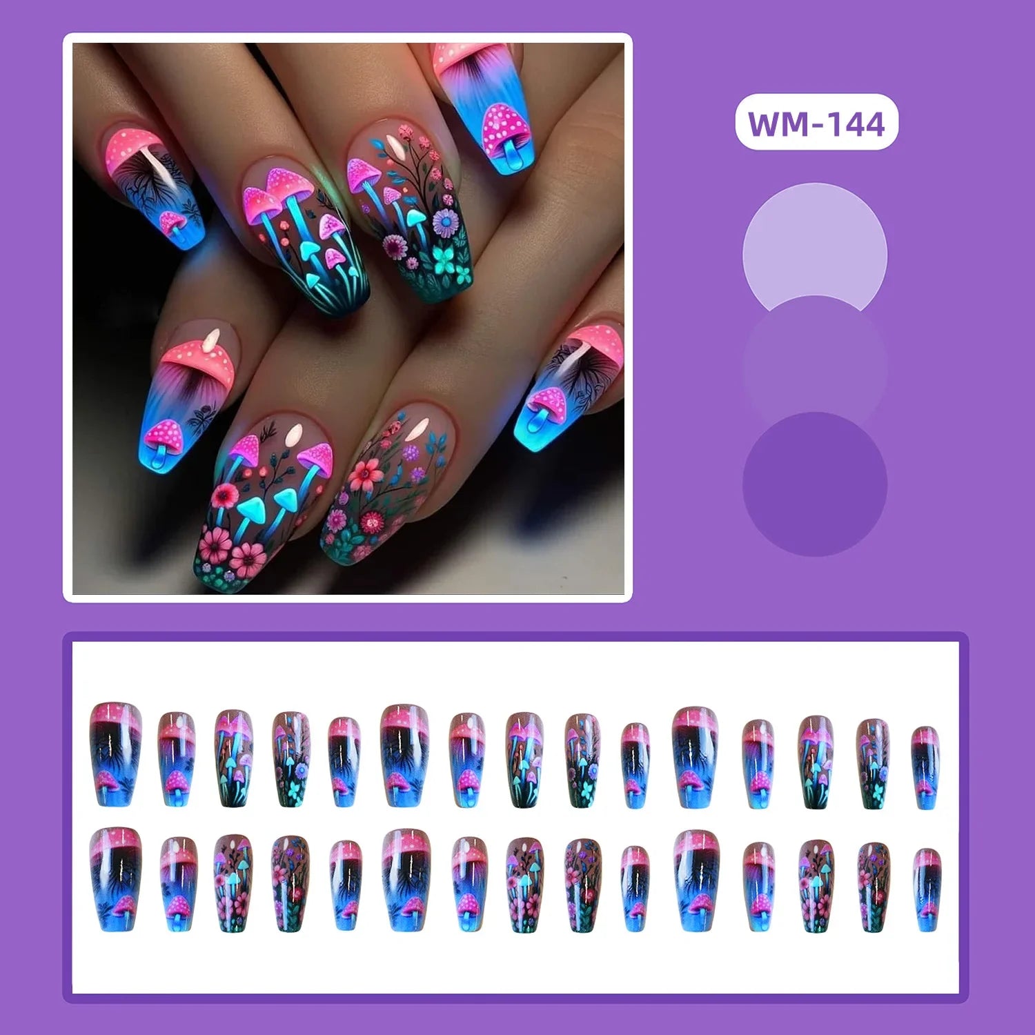 Mushroom design press-on nails set by Cashymart featuring natural-looking nails with mushroom-themed decorative art.