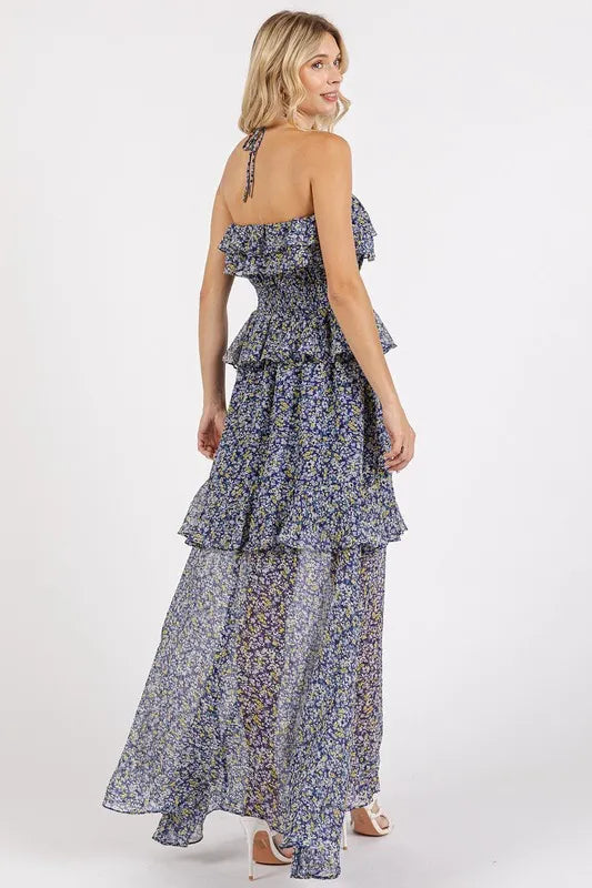Navy floral ruffle halter dress with back view, featuring a flowy silhouette and stylish details, by Trendsi.