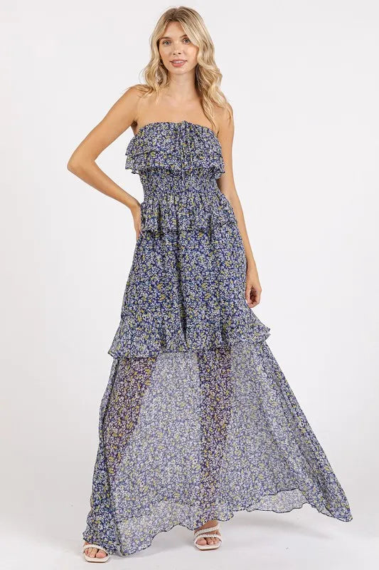 Navy floral ruffle halter dress by Trendsi, front view showing elegant halter neckline and flowy ruffled details.