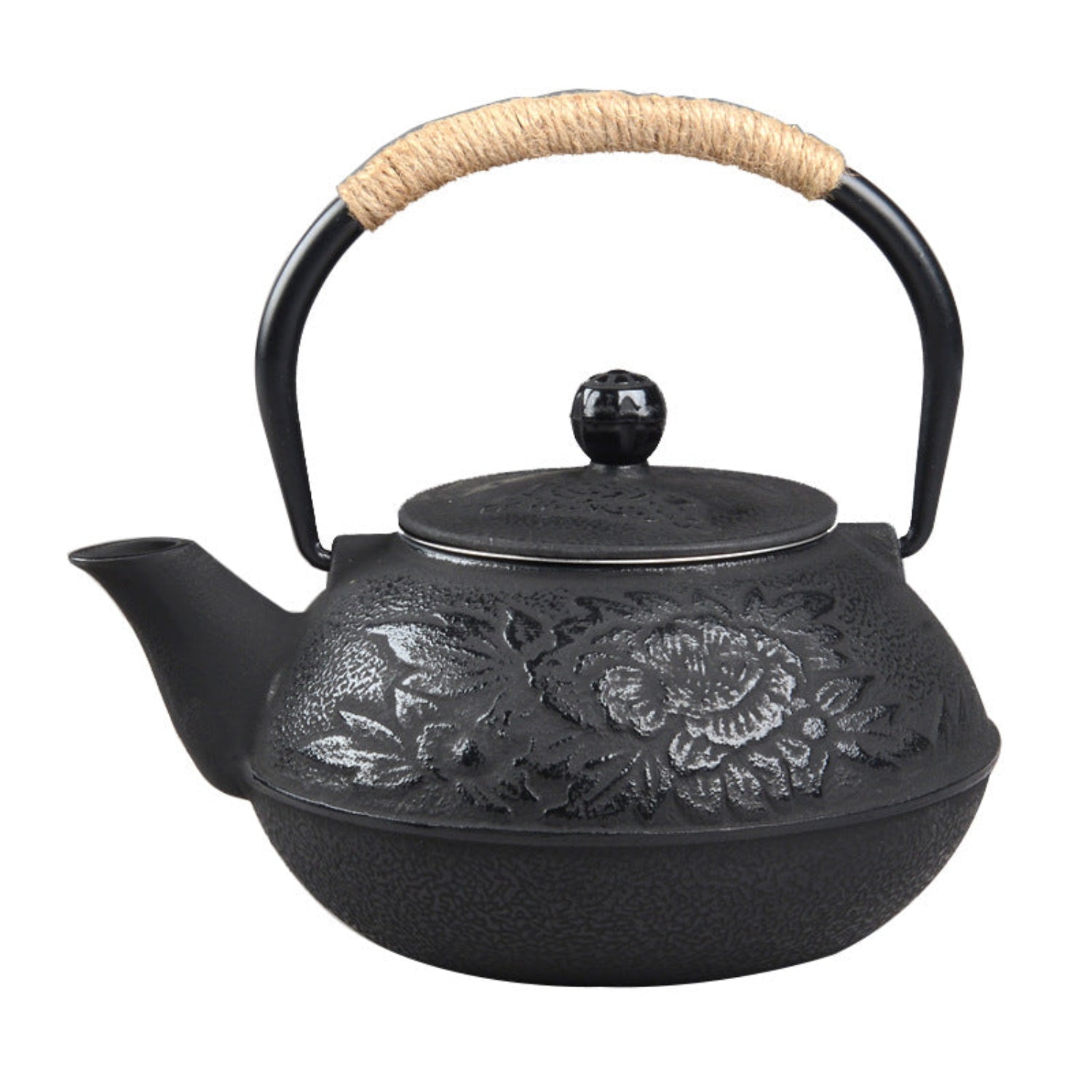 Black rose-embossed cast iron teapot with rattan handle, part of 24 Hour Crafts' teapots and cups collection.