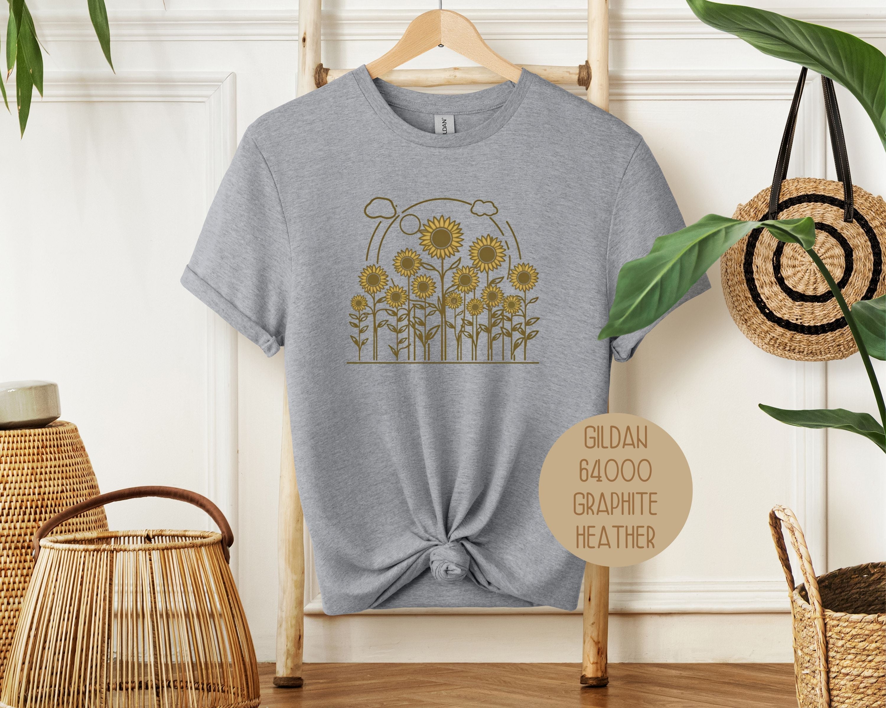 CreativeSpecialTs Rosehaven Cottage vintage sunflower T-shirt in graphite heather, featuring a detailed sunflower graphic on the front.
