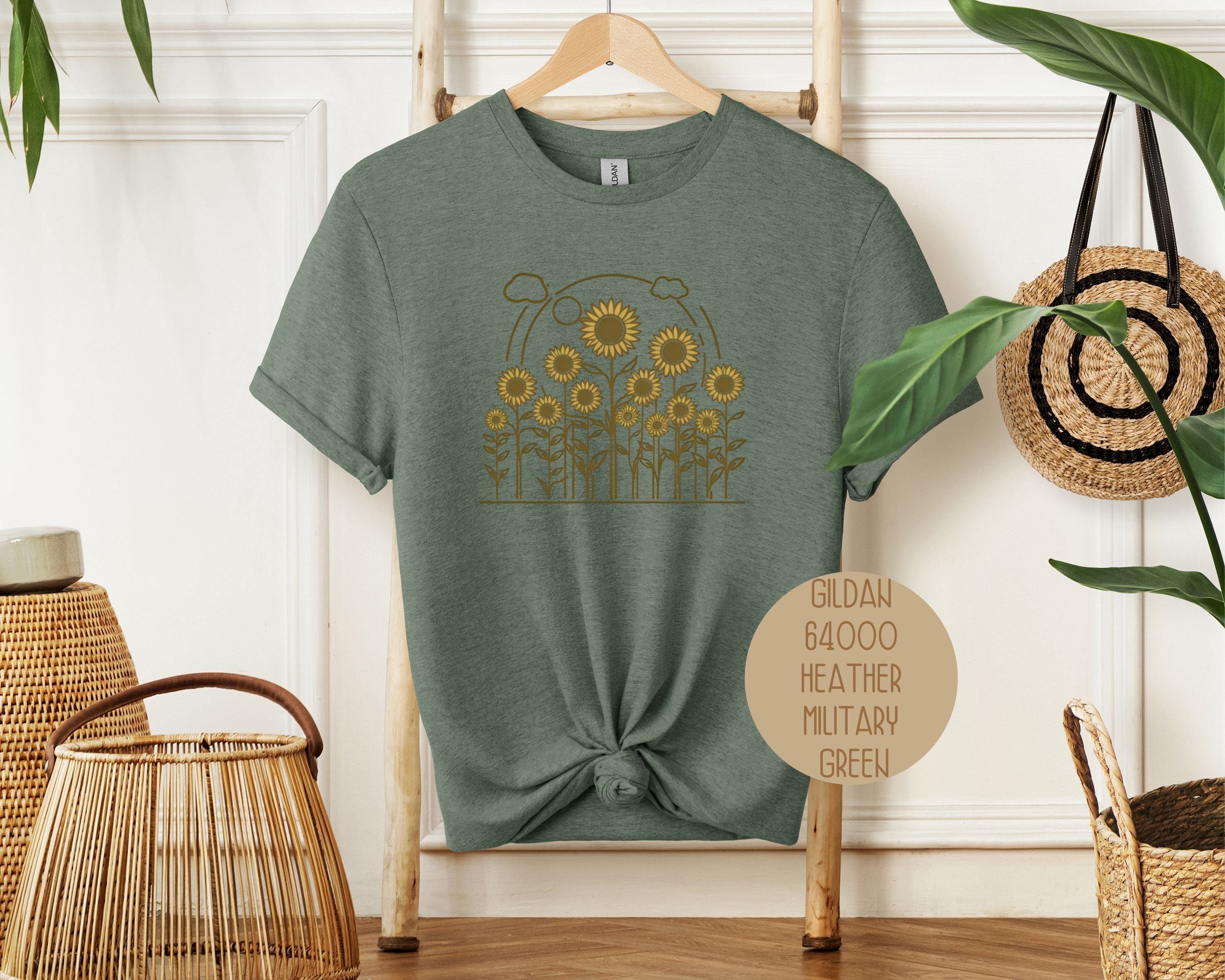 CreativeSpecialTs Rosehaven Cottage vintage sunflower T-shirt in military green, showing front view with sunflower graphic.
