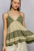 Pale sage green ruffled pintuck button-front camisole blouse with adjustable straps and feminine detailing.