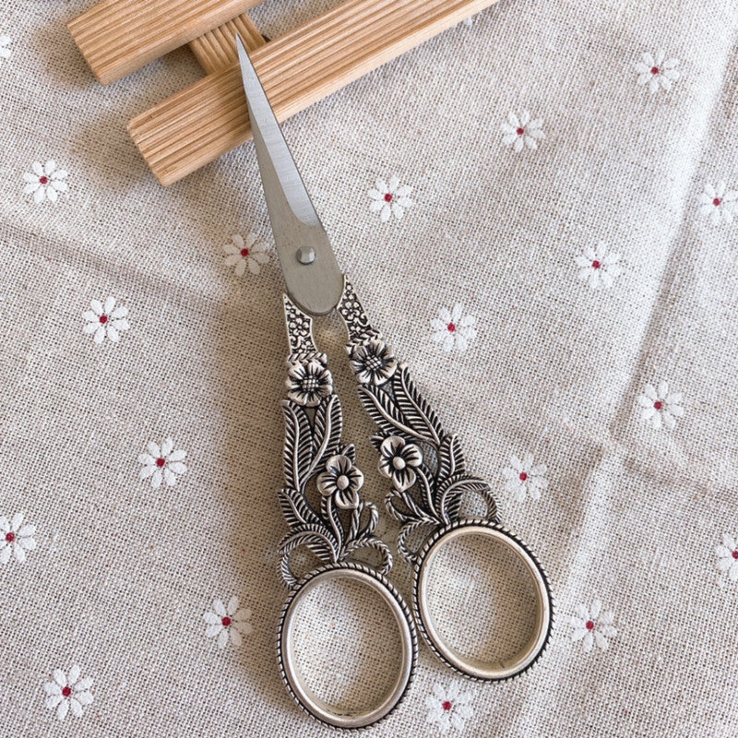 Silver vintage floral scissors with daffodil design, ornate embroidery shears for craft and sewing projects by 24 Hour Crafts