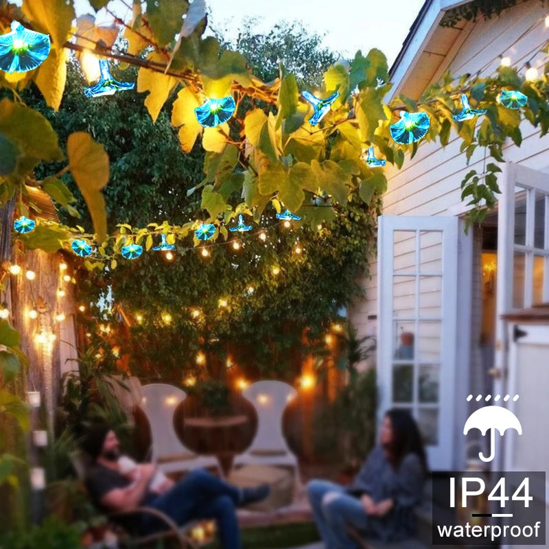 Solar Morning Glory Fairy Garden Lights with 10 LED floral glow, decorative outdoor lighting for garden and holiday decor by Simply Heather Creative.