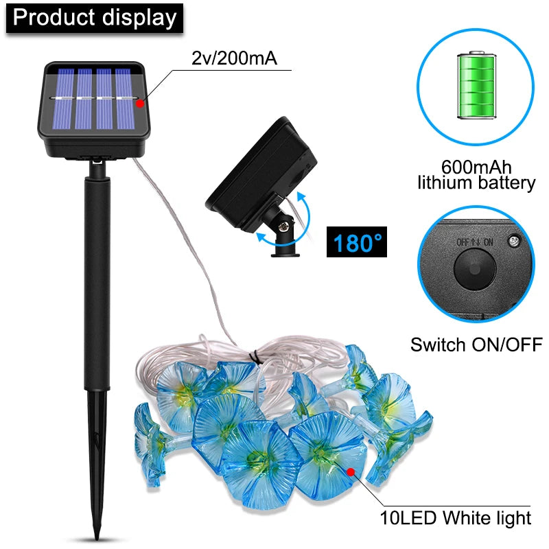 Solar Morning Glory Fairy Garden Lights with 10 LED floral glow, decorative outdoor solar lighting for home and garden.