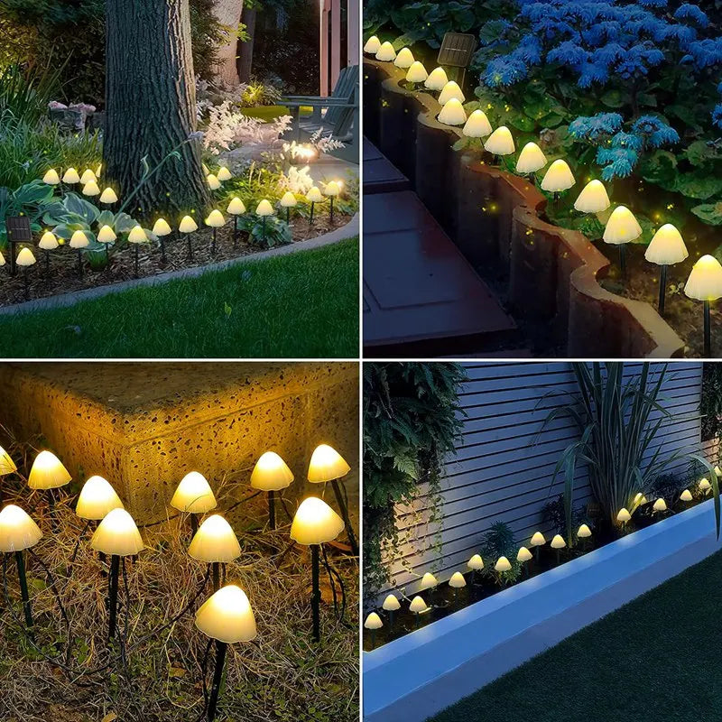Lumenwood Glowcap solar mushroom LED pathway lights in a garden setting, providing decorative outdoor lighting for home and garden.
