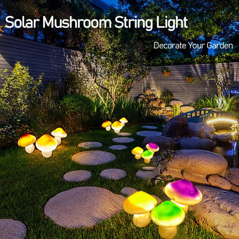 Large solar mushroom fairy garden lights set with waterproof glowcap design, ideal for outdoor garden decoration.