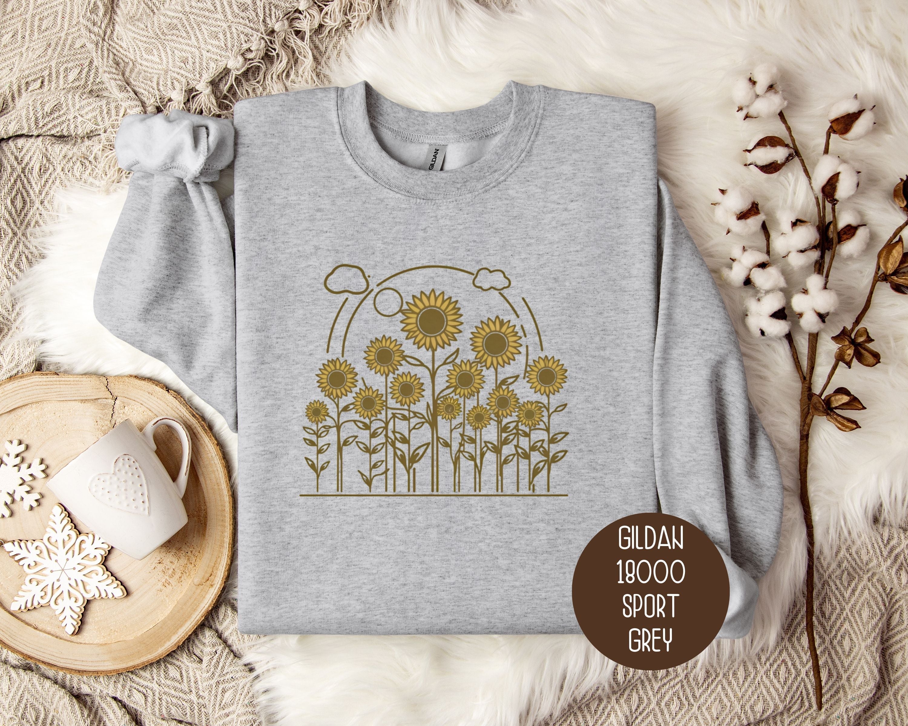 Vintage sunflower cottagecore sweatshirt in soft grey with sunflower design, by CreativeSpecialTs.