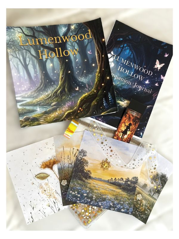 A flat lay of Lumenwood Hollow themed stationery and journaling supplies on a white fabric background, including a forest illustration book, a journal, a jar candle, and several decorative cards and paper pieces.