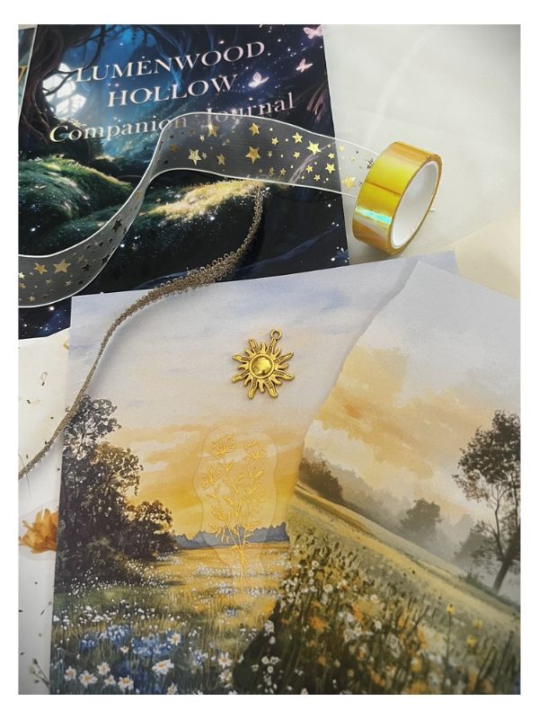 A styled flat-lay of a journaling or craft kit featuring a 'Lumenwood Hollow Companion Journal' with a dark forest cover, a gold-wrapped roll of tape, a sheer glittery star ribbon, and a watercolor landscape print of a golden field.