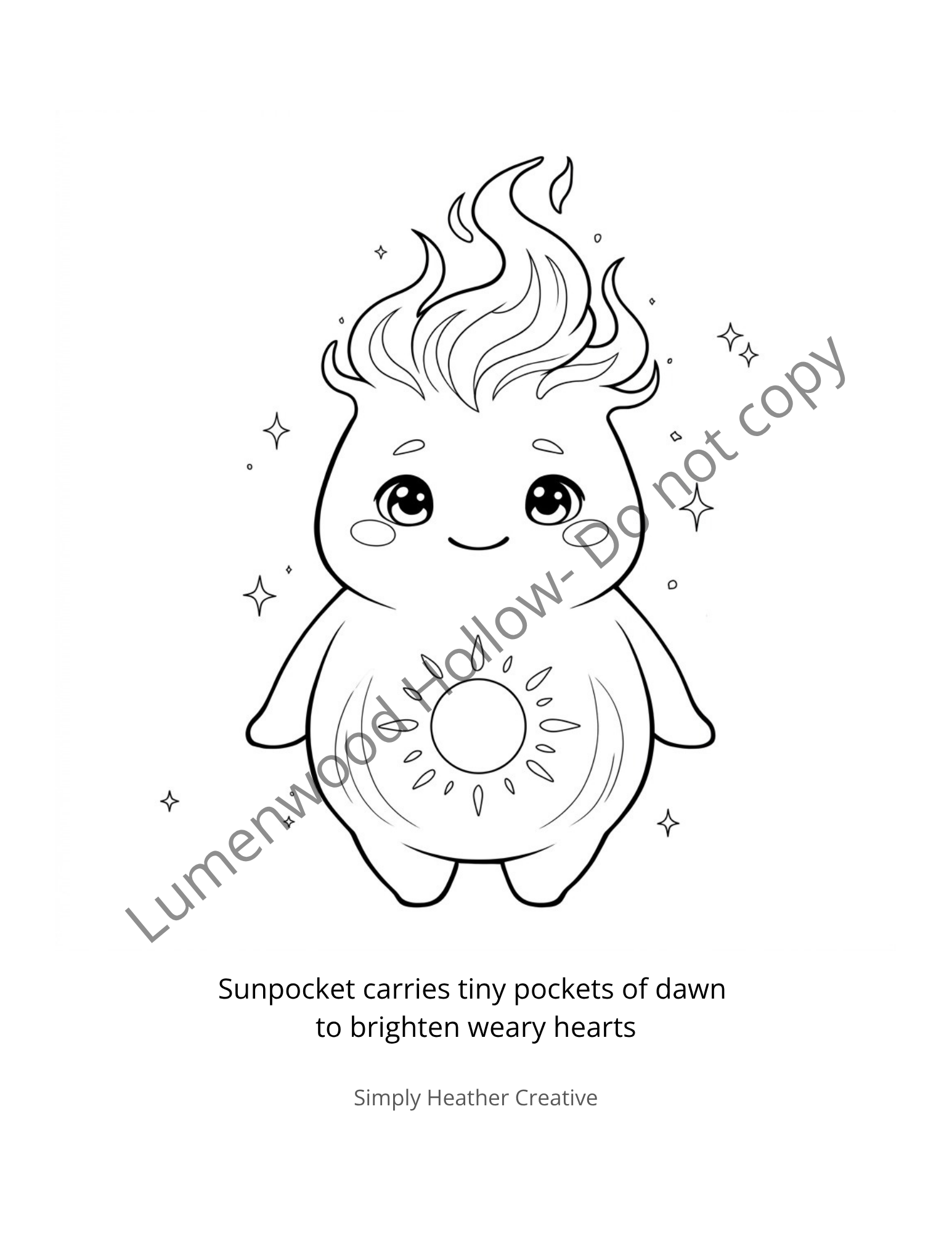 Digital coloring page of a sunpocket design by Simply Heather Creative, featuring intricate hollow patterns for coloring.