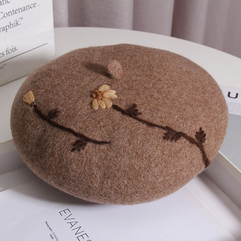 Warm camel brown mushroom meadow daisy beret with embroidered daisy trim, soft rounded shape, stylish cottagecore hat by cjdropshipping.