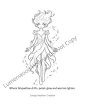 Digital coloring page featuring Wispwillow design from Lumenwood Hollow by Simply Heather Creative, showcasing intricate fantasy woodland artwork.