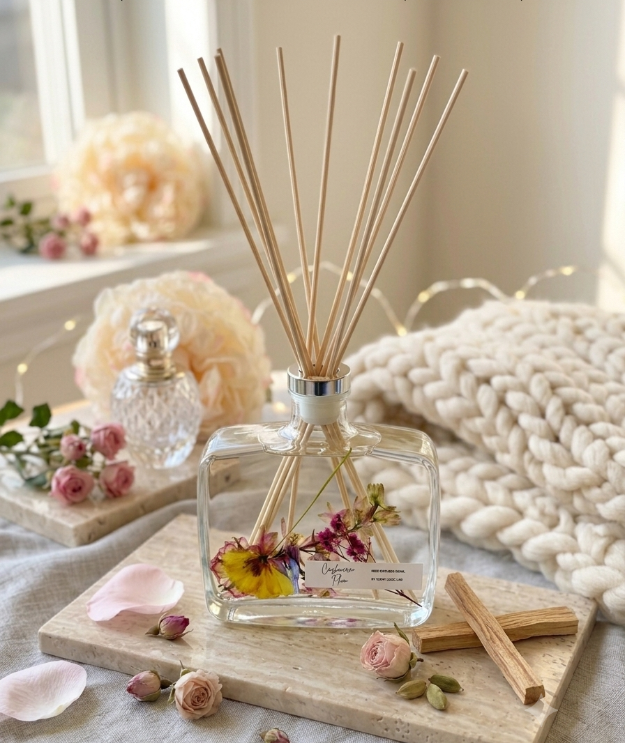 Woodland Bloom botanical reed diffuser bottle with natural reeds and floral scent for home decor and aromatherapy.