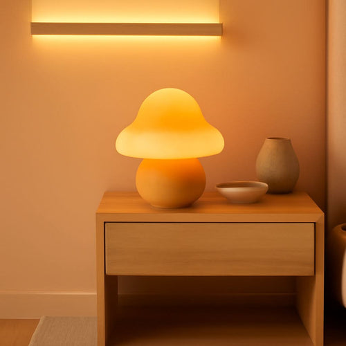 Amber Glowcap hand-blown mushroom table lamp by ShipItFurniture, featuring a warm, glowing glass mushroom design.
