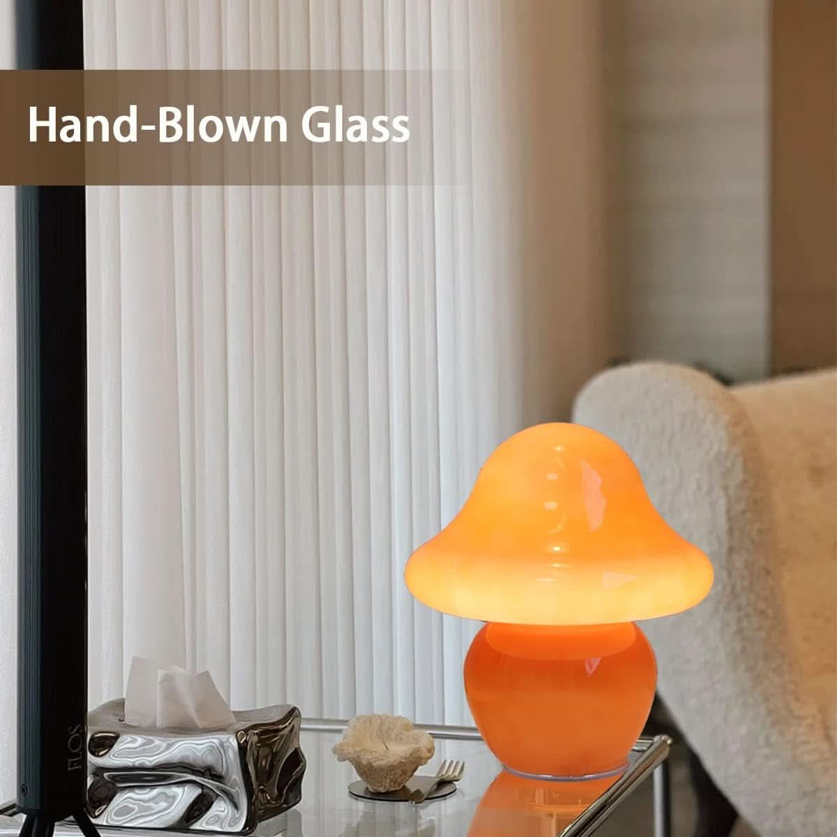 Amber Glowcap mushroom table lamp by ShipItFurniture with hand-blown glass and warm, glowing mushroom-shaped design.
