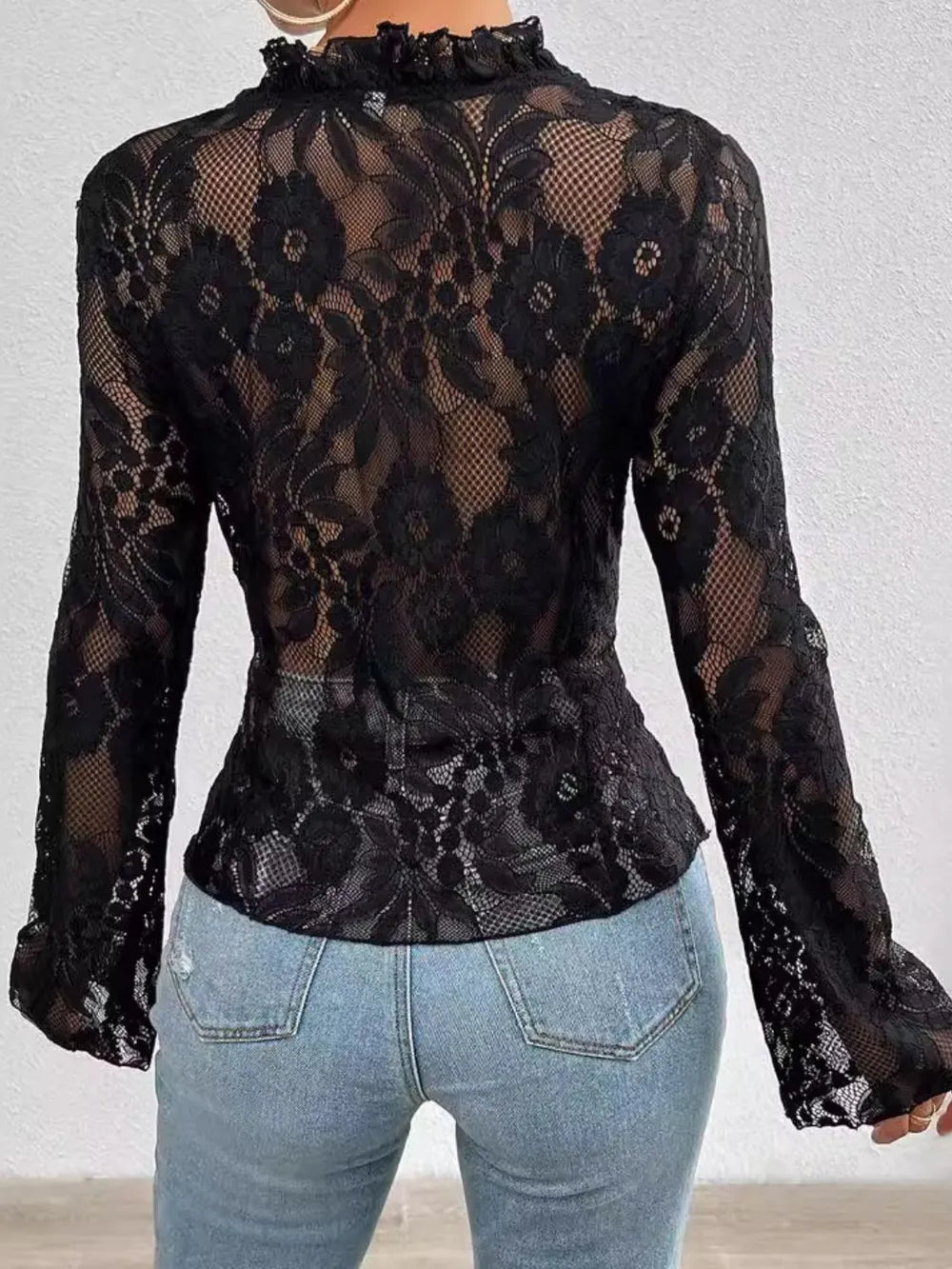 Black lace tied V-neck blouse with sheer sleeves from Trendsi, front view showing elegant design and delicate fabric.