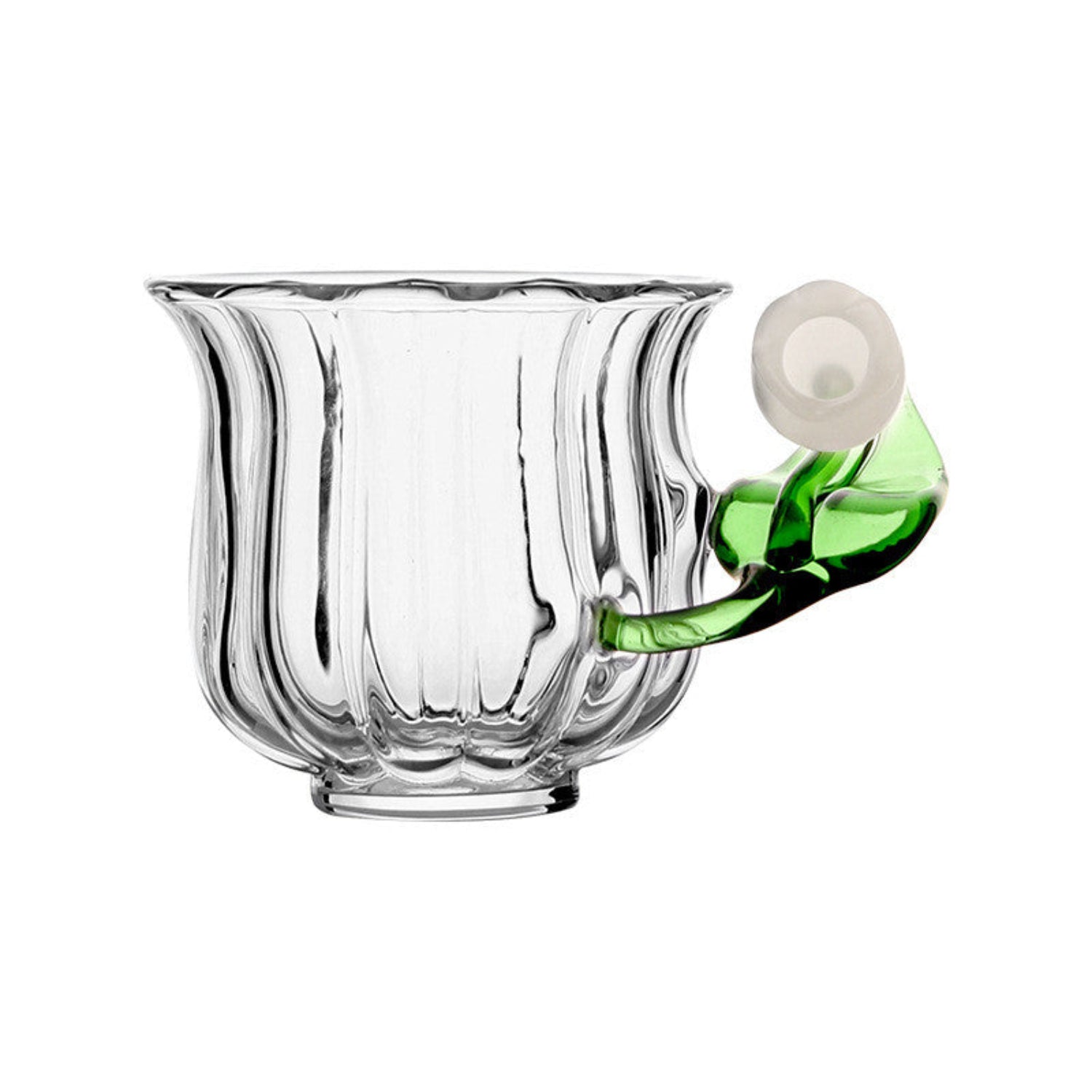 Hand-blown Bellflower Glass Teapot with matching cup from 24 Hour Crafts, featuring floral design and bellflower handle.