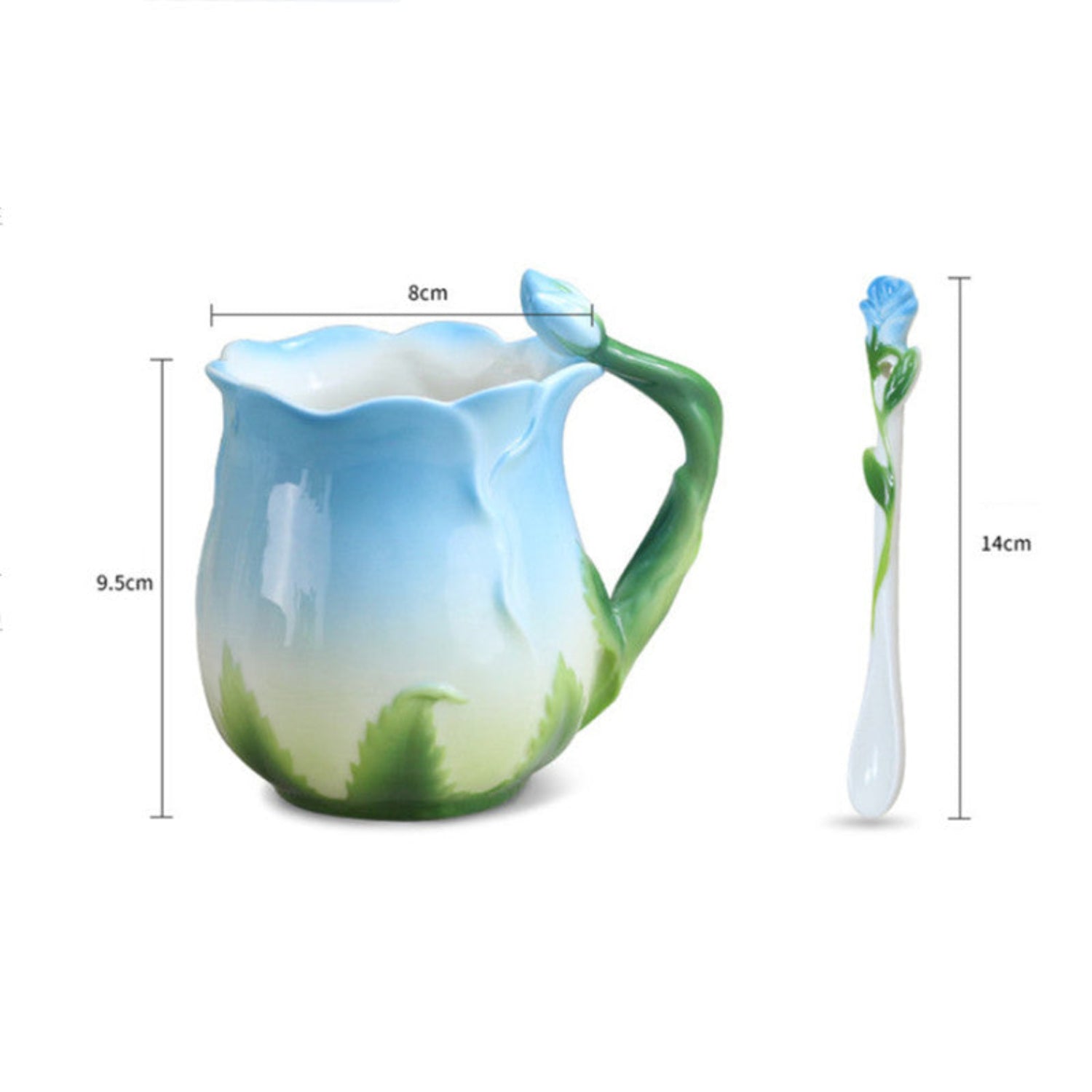 Blue vintage rose ceramic teacup with floral stirrer, handmade rosebud design by 24 Hour Crafts