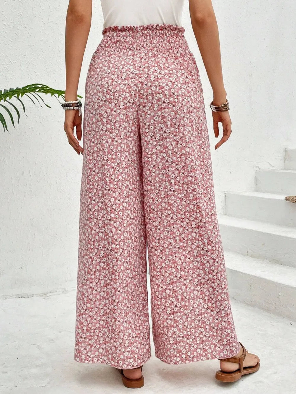 Wide-leg printed pants from Trendsi's Whisperwind Tied collection, featuring a flowy, dreamy design in soft, breathable fabric.